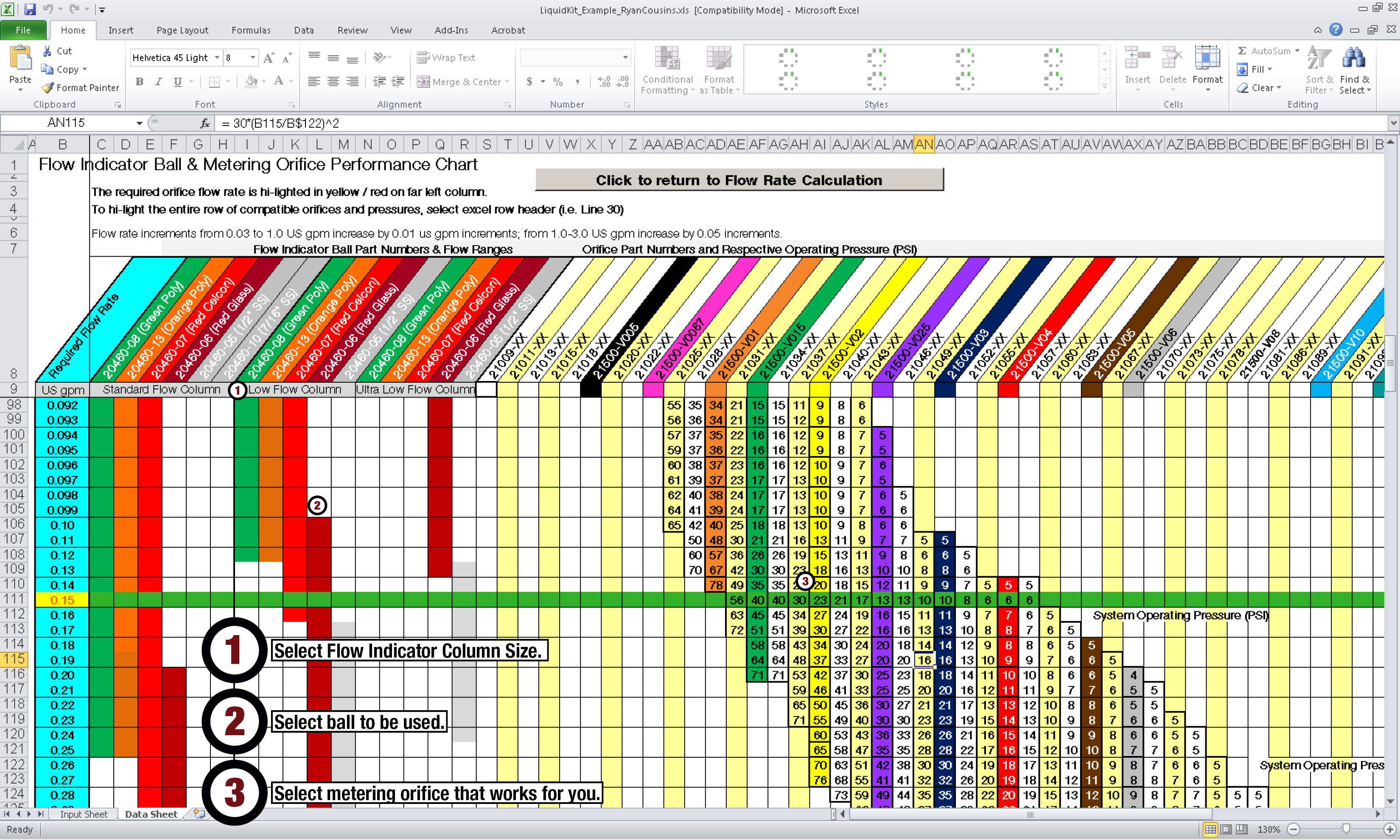 Example of the Wilger Flow Indicator Flow Calculator, available in US Gallons/Minute and Litres/Hectare