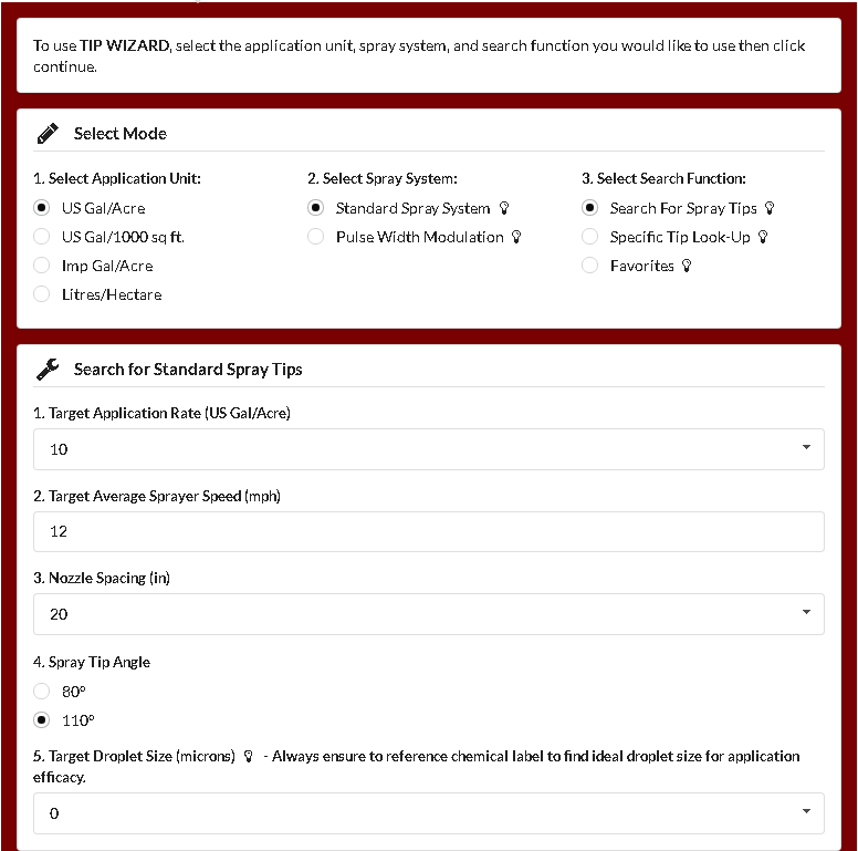 Tip Wizard Guide Example 1 Input - For Standard Sprayer Systems