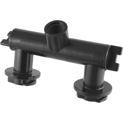 A dual outlet swivel body, with 1/4" NPT female mount. All swivel bodies have 360° of motion.