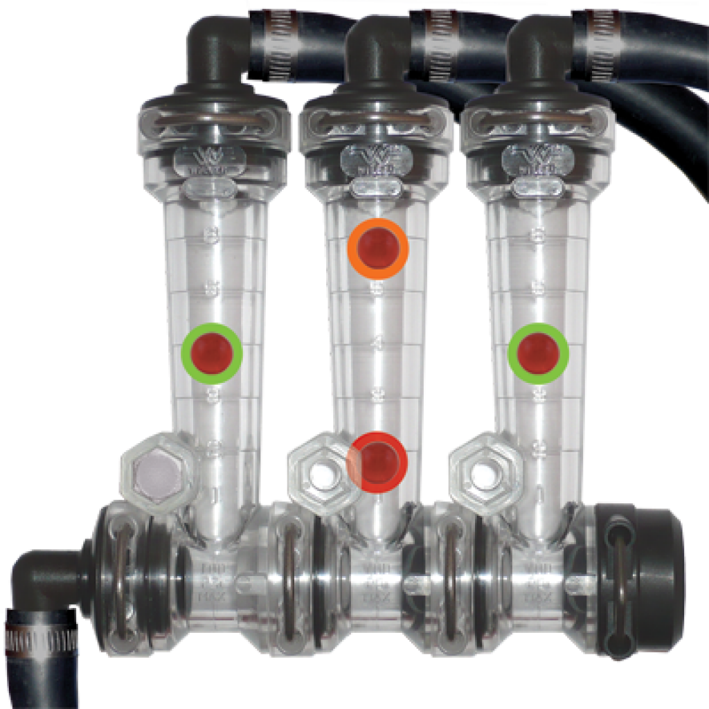 If the green Highlighted balls are showing the ideal flow rate, the orange ball is experiencing an in-line leak; whereas, the red ball is experiencing an in-line plug.