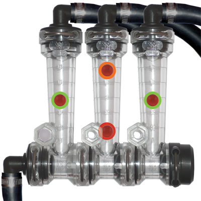 If the green Highlighted balls are showing the ideal flow rate, the orange ball is experiencing an in-line leak; whereas, the red ball is experiencing an in-line plug.