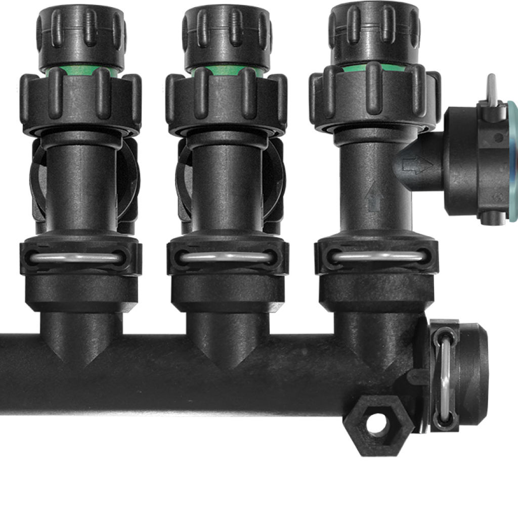 Example Plumbing manifold for a row by row liquid fertilizer flow monitoring system for products like humic acid and Paralign or other dark liquids