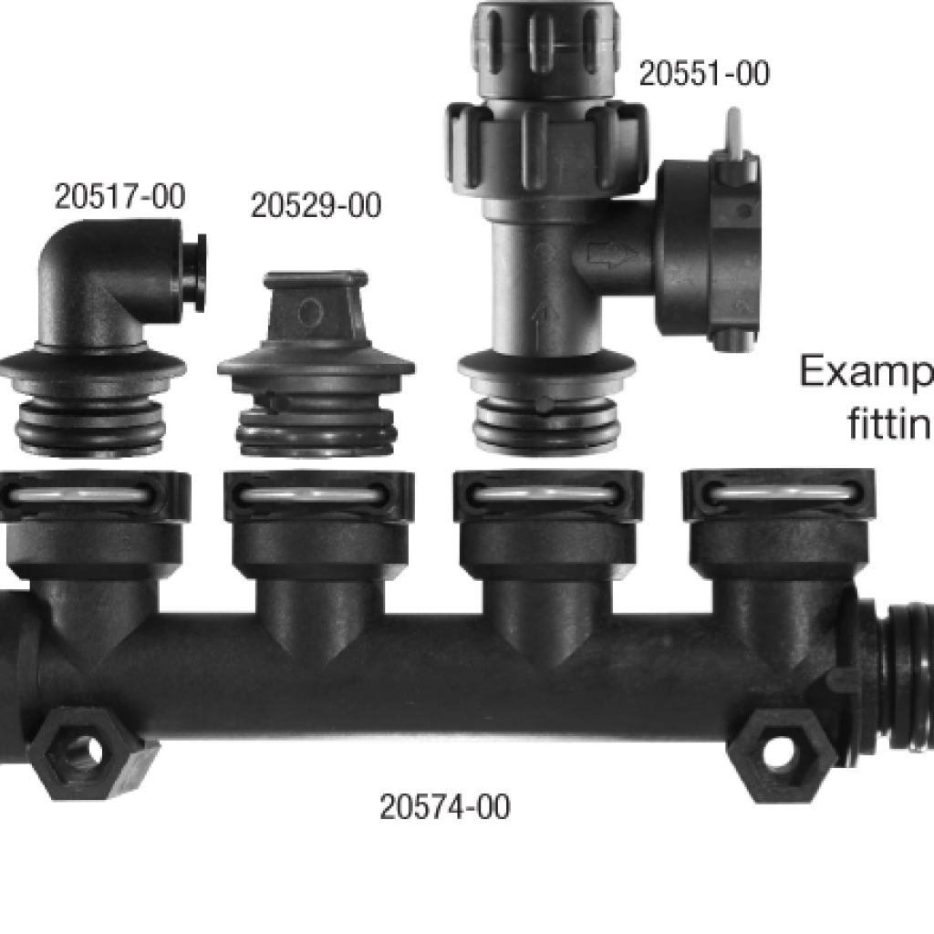 O-ring Seal Manifold Examples, showing simple feed in and out options, with the option of check valves. Ideal for Liquid fertilizer kit distribution.