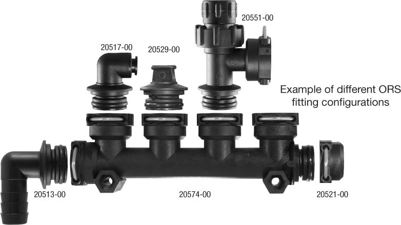 O-ring Seal Manifold Examples, showing simple feed in and out options, with the option of check valves. Ideal for Liquid fertilizer kit distribution.