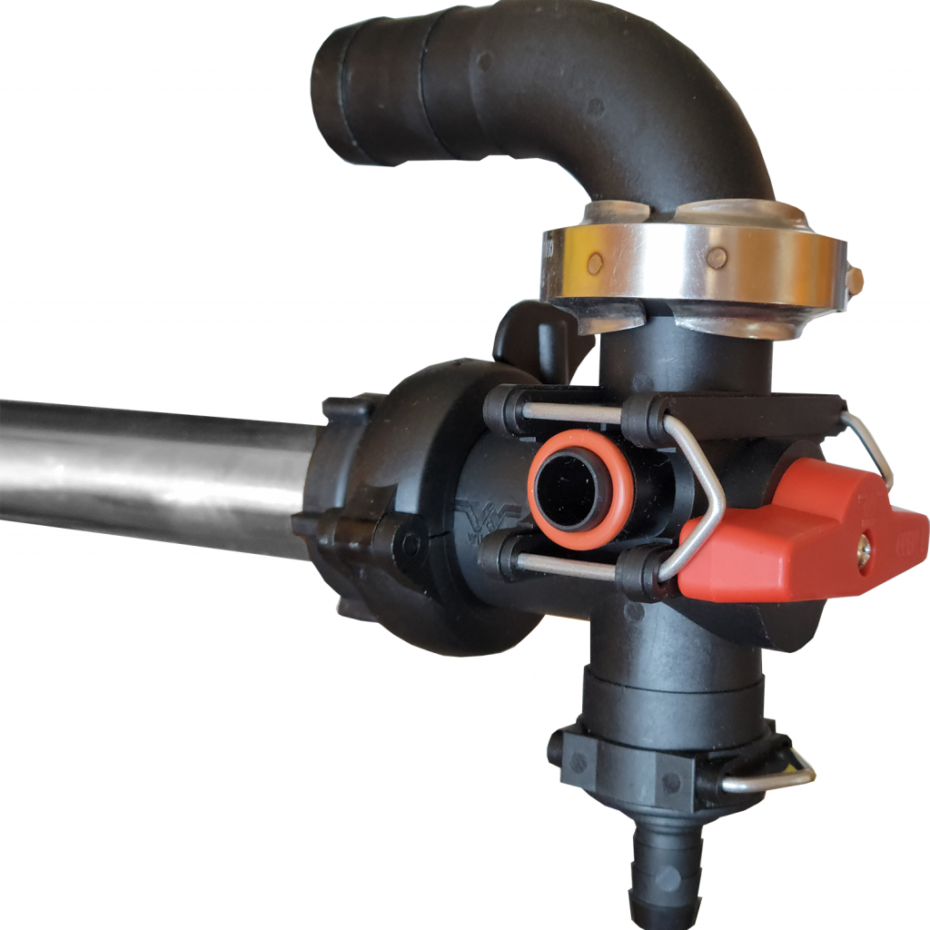 A Combo-Rate boom end flush valve with nozzle body and recirculating sprayer boom port