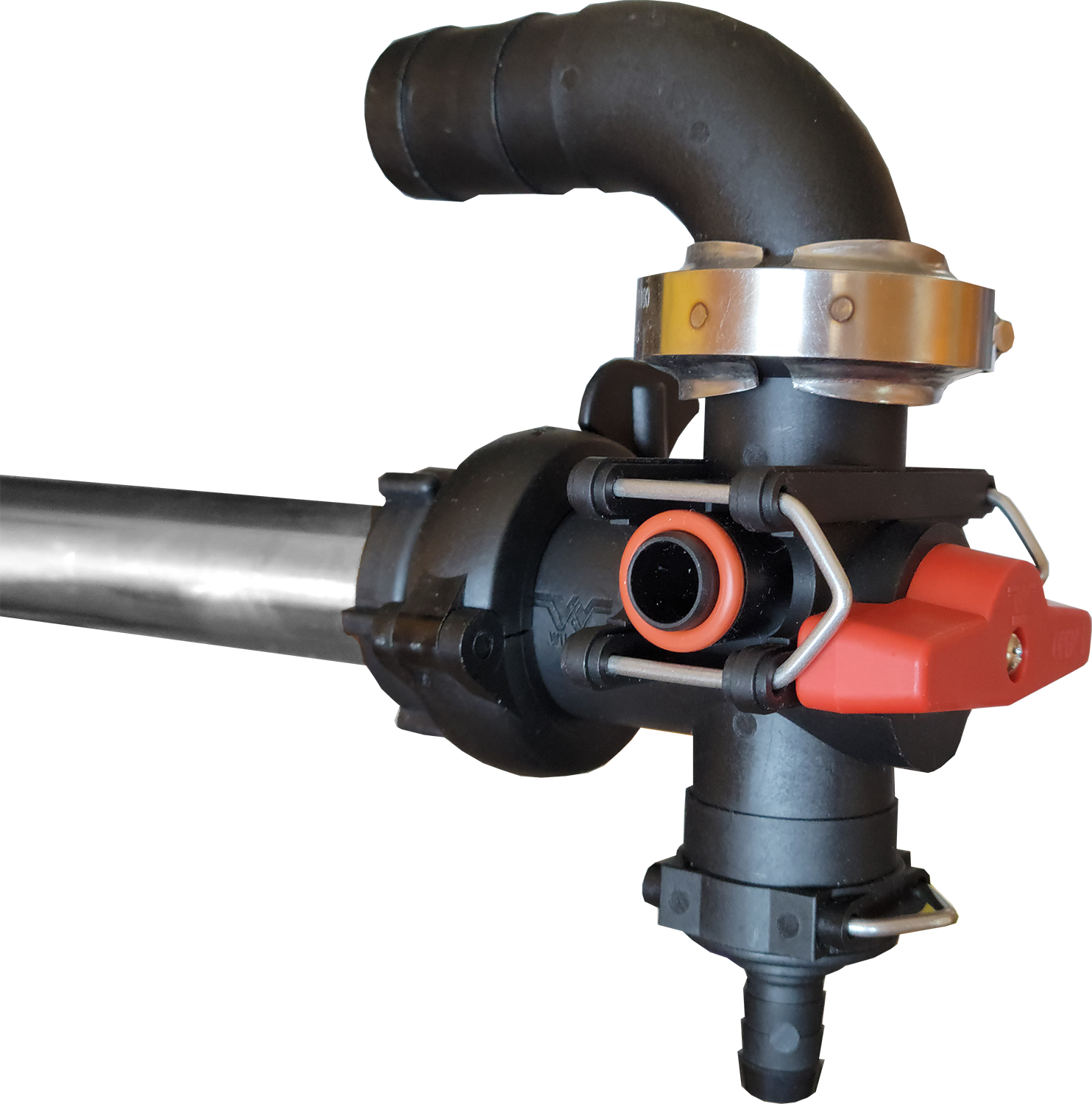 A Combo-Rate boom end flush valve with nozzle body and recirculating sprayer boom port