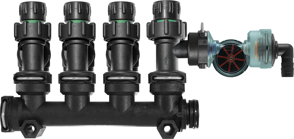 Row by Row Electronic Flowmeter mounted on a wilger 4-outlet manifold