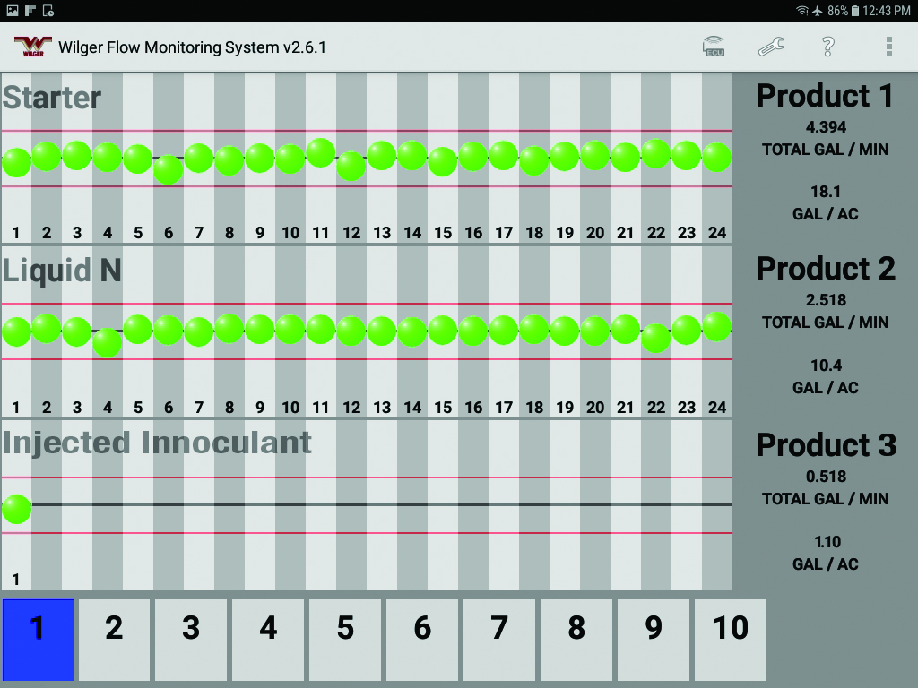 Example Screen of the Electronic Flow Monitoring System App (v2.6) monitoring three different products being applied simultaneously on the same piece of equipment Example Screen of the Electronic Flow Monitoring System App (v2.6) monitoring three different products being applied simultaneously on the same piece of equipment