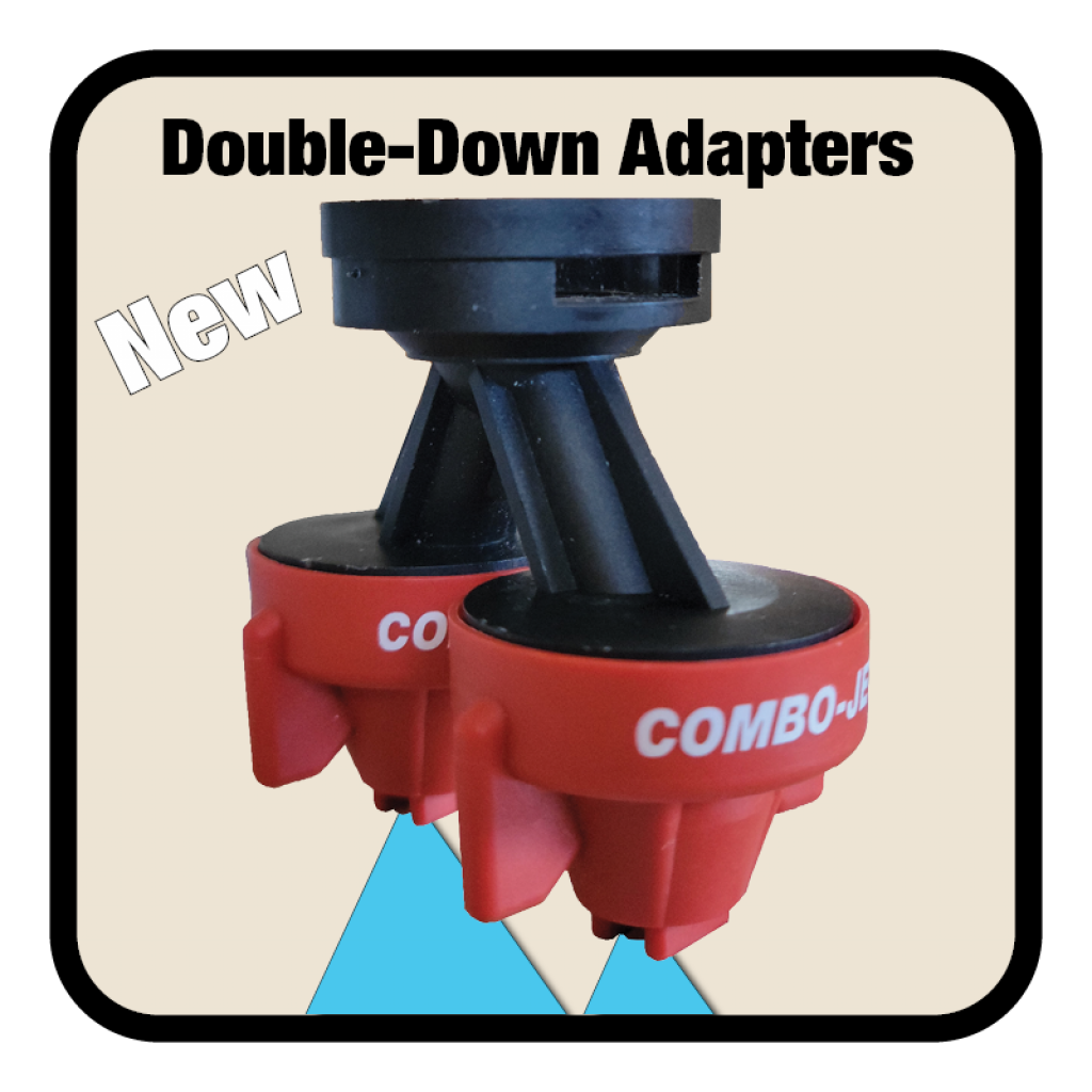 Spraying two tips straight down can provide significant benefits into certain situations that angled spray tips do not. The double-down turret allows any current user of Combo-rate turrets simply retro-fit to a double-down outlet.
