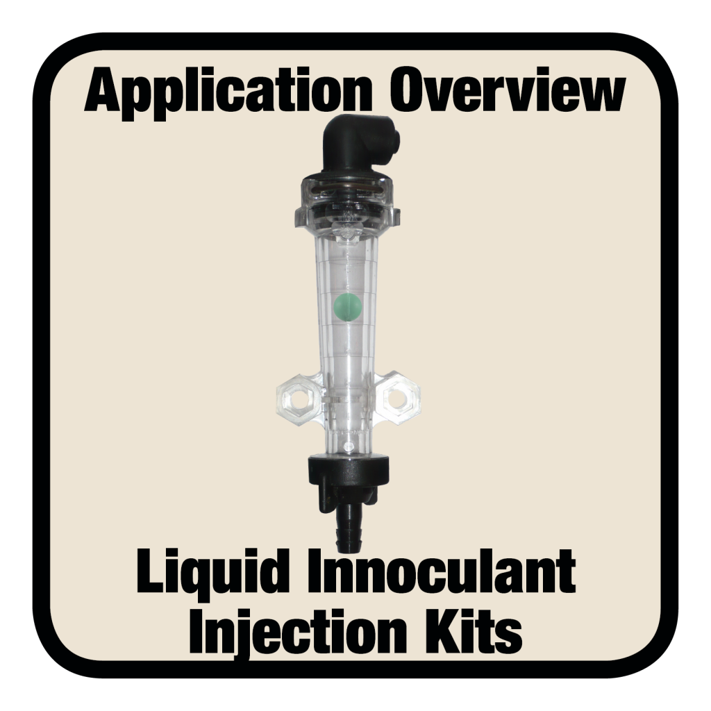 Wilger visual flow indicators can be used as liquid innoculant injection indicators to ensure innoculant is flowing to liquid fertilizer plumbing manifolds.